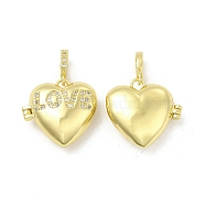 Brass Micro Pave Clear Cubic Zirconia Locket Pendants, Heart with Word LOVE Charms, Light Gold, 20x21x7.5mm, Hole: 5.5x3mm(KK-H441-46LG)