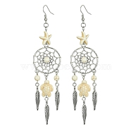 Web with Feather Alloy Chandelier Earrings, Tortoise & Starfish Synthetic Turquoise Long Drop Earrings, White, 119x28mm(EJEW-JE05464-02)