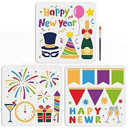 US 1 Set New Year PET Hollow Out Drawing Painting Stencils, with 1Pc Art Paint Brushes, for DIY Scrapbook, Photo Album, Drink, 300x300mm, 3pcs/set(DIY-MA0002-57)