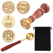CRASPIRE DIY Stamp Making Kits, Including Brass Wax Seal Stamp Head, Brass Spoon, Pear Wood Handle, Rectangle Velvet Pouches, Golden, Brass Wax Seal Stamp Head: 4pcs(DIY-CP0001-97E)
