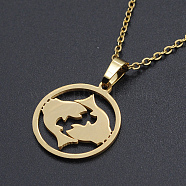 201 Stainless Steel Pendants Necklaces, with Cable Chains and Lobster Claw Clasps, Flat Round with Constellation/Zodiac Sign, Pisces, 15-3/4 inch(40cm), 1.5mm(NJEW-S105-JN626-12G)