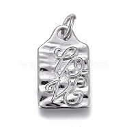 Brass Pendants, with Jump Rings, for Valentine's Day, Long-Lasting Plated, Rectangle with Word Love, Real Platinum Plated, 16x10x1mm, Hole: 3mm(ZIRC-M108-61P)