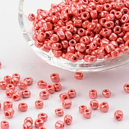 Glass Seed Beads, Opaque Colors Lustered, Round, Red, 4mm, Hole: 1.5mm, about 4500pcs/pound(SEED-A012-4mm-125)