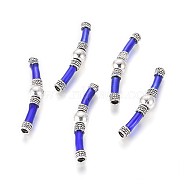 Antique Silver Plated Alloy Enamel Tube Beads, Curved Tube Beads, Curved Tube Noodle Beads, Blue, 51x9mm, Hole: 3.5mm(ENAM-L027-N01-AS)