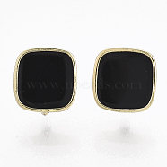 Alloy Enamel Stud Earring Findings, with Loop and Cupronickel Pin, Square, Golden, Black, 9.5x9mm, Hole: 3mm, Pin: 0.7mm(PALLOY-N154-19A)