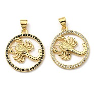 Brass Micro Pave Cubic Zirconia Pendants, Long-Lasting Plated, Lead Free & Cadmium Free, Real 18K Gold Plated, Flat Round with Capricornus, Mixed Color, 22.5x20x2.2mm, Hole: 3.3x4.5mm(KK-K341-18G-01)