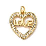 Heart with Word Love Rack Plating Brass Micro Pave Clear Cubic Zirconia Pendants, Long-Lasting Plated, Lead Free & Cadmium Free, Real 18K Gold Plated, 18.5x16.5x2mm, Hole: 3mm(KK-K377-57G)