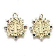 Brass Micro Pave Cubic Zirconia Pendants, with Jump Ring, Nickel Free, Flat Round with Saint Benedict, Colorful, Real 16K Gold Plated, 19x19x2mm, Hole: 3mm, Jump Ring: 5x1mm, 3mm inner diameter(ZIRC-N039-059-NF)