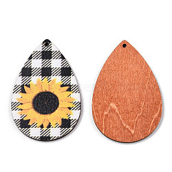 Single Face Sunflower Printed Wood Big Pendants, Teardrop Charm, Black, Tartan Pattern, 60x40x3mm, Hole: 2mm(WOOD-TAC0021-01B)