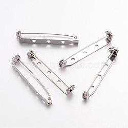 Iron Brooch Findings, Back Bar Pins, with Three Holes, Platinum, 38x5mm, Hole: 2mm, Pin: 1mm(IFIN-R117)