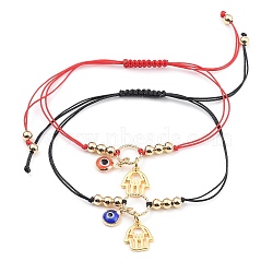 Braided Bracelets, with Nylon Thread, Handmade Evil Eye Lampwork Charms & Hamsa Hand Brass Pendants & Brass Linking Rings, Mixed Color, 5/8 inch~3-3/4 inch(1.5~9.5cm), 2pcs/set(BJEW-JB05347)
