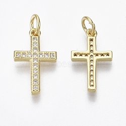 Brass Micro Pave Cubic Zirconia Charms, with Jump Ring, Nickel Free, Cross, Clear, Real 18K Gold Plated, 17x10.5x2mm, Hole: 3mm(ZIRC-R109-024A-G-NF)