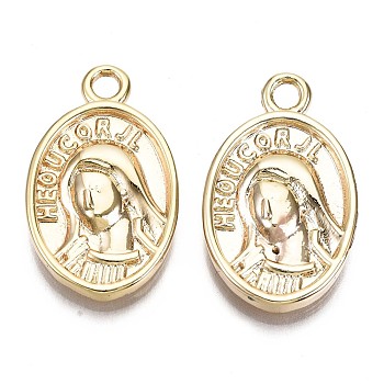 Brass Pendants, Nickel Free, Oval with Virgin Mary, Real 18K Gold Plated, 25x15x4mm, Hole: 2mm