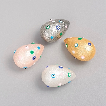 Paint Sprayed Shell Pearl Beads, with Enamel, Textured, teardrop, with Evil Eye, Mixed Color, 24~25.5x15.5~16.5mm, Hole: 1mm