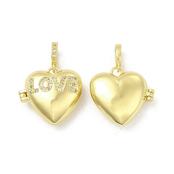 Brass Micro Pave Clear Cubic Zirconia Locket Pendants, Heart with Word LOVE Charms, Light Gold, 20x21x7.5mm, Hole: 5.5x3mm