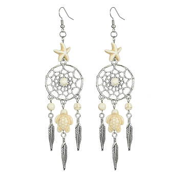 Web with Feather Alloy Chandelier Earrings, Tortoise & Starfish Synthetic Turquoise Long Drop Earrings, White, 119x28mm
