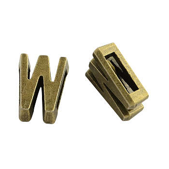 Tibetan Style Alloy Letter Slide Charms, Cadmium Free & Nickel Free & Lead Free, Letter.W, 11x2~8x4mm, Hole: 7x2mm, about 1135pcs/1000g