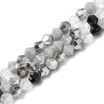 Electroplate Glass Beads Strands, Opaque & Transparent & AB Color Plated, Faceted, Bicone, Gray, 4x4.5mm, Hole: 0.9mm, about 94~95pcs/strand, 13.86''(35.2cm)