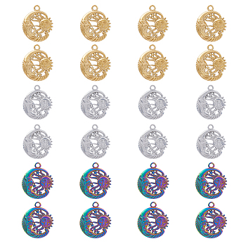 24Pcs 3 Colors 304 Stainless Steel Pendants, Moon with Sun, Mixed Color, 23.5x20x2.5mm, Hole: 2mm, 8pcs/color