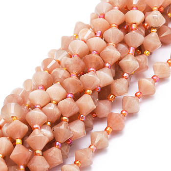Natural Peach Moonstone Beads Strands, Faceted, Bicone, 8x8mm, Hole: 1mm, about 40pcs/strand, 15.24''(38.7cm)