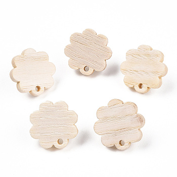 Ash Wood Stud Earring Findings, with 304 Stainless Steel Pin, Flower, 17x17mm, Hole: 1.8mm, Pin: 0.7mm