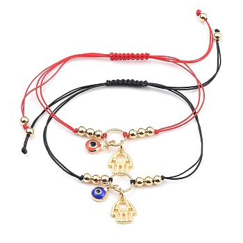 Braided Bracelets, with Nylon Thread, Handmade Evil Eye Lampwork Charms & Hamsa Hand Brass Pendants & Brass Linking Rings, Mixed Color, 5/8 inch~3-3/4 inch(1.5~9.5cm), 2pcs/set