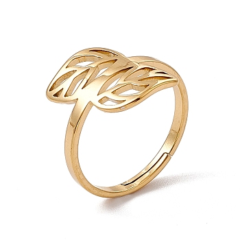 Ion Plating(IP) 201 Stainless Steel Hollow Out Leaf Adjustable Ring for Women, Real 18K Gold Plated, US Size 6(16.5mm)