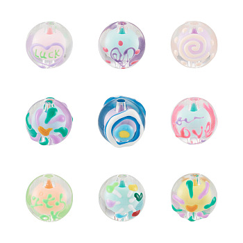 18Pcs 9 Colors Transparent Acrylic Enamel Beads, Bead in Bead, Round, Mixed Color, 14~15x13mm, Hole: 2mm, 2pcs/color