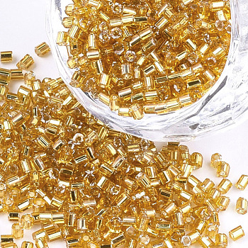 Grade A Glass Seed Beads, Hexagon(Two Cut), Silver Lined, Gold, 1.5~2.5x1.5~2mm, Hole: 0.8mm, about 2100pcs/bag, 450g/bag