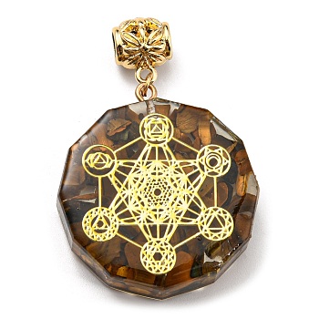 Natural Tiger Eye European Dangle Polygon Charms, Large Hole Pendant with Golden Plated Alloy Hexagon Slice, 53mm, Hole: 5mm, Pendant: 39x35x11mm