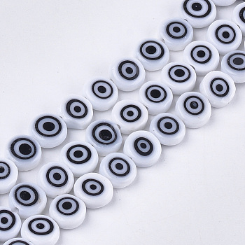 Handmade Evil Eye Lampwork Beads Strands, Flat Round, Creamy White, 7.5~8x3~4mm, Hole: 1mm, about 48pcs/strand, 13.7 inch~14.9 inch