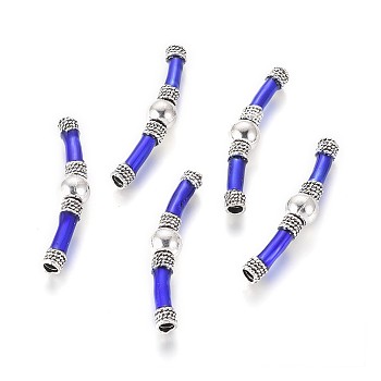 Antique Silver Plated Alloy Enamel Tube Beads, Curved Tube Beads, Curved Tube Noodle Beads, Blue, 51x9mm, Hole: 3.5mm