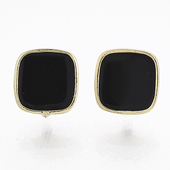Alloy Enamel Stud Earring Findings, with Loop and Cupronickel Pin, Square, Golden, Black, 9.5x9mm, Hole: 3mm, Pin: 0.7mm