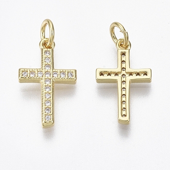 Brass Micro Pave Cubic Zirconia Charms, with Jump Ring, Nickel Free, Cross, Clear, Real 18K Gold Plated, 17x10.5x2mm, Hole: 3mm