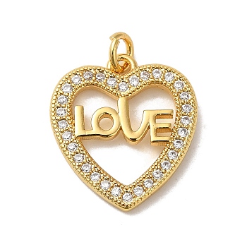 Heart with Word Love Rack Plating Brass Micro Pave Clear Cubic Zirconia Pendants, Long-Lasting Plated, Lead Free & Cadmium Free, Real 18K Gold Plated, 18.5x16.5x2mm, Hole: 3mm