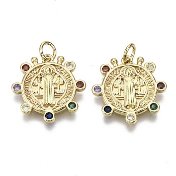 Brass Micro Pave Cubic Zirconia Pendants, with Jump Ring, Nickel Free, Flat Round with Saint Benedict, Colorful, Real 16K Gold Plated, 19x19x2mm, Hole: 3mm, Jump Ring: 5x1mm, 3mm inner diameter