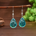 Resin & Alloy Dangle Earrings, with Dandelion Dried Flower, Teardrop, Platinum, Deep Sky Blue, 56.5x16.8mm(WGE62B3-02)