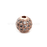 CZ Brass Micro Pave Grade AAA Clear Color Cubic Zirconia Round Beads, Cadmium Free & Nickel Free & Lead Free, Rose Gold, 6mm, Hole: 1mm(KK-O065-6mm-05RG-NR)