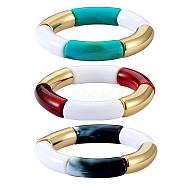 Opaque Colored Chunky Curved Tube Beads Stretch Bracelets Set, Acrylic & CCB Plastic Beads Bracelets for Women, Mixed Color, Inner Diameter: 2 inch(5cm), 3pcs/set(BJEW-SW00017)