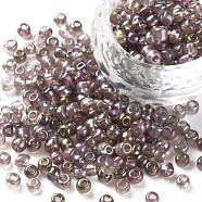 Round Glass Seed Beads, Transparent Colours Rainbow, Round, Misty Rose, 4mm(SEED-A007-4mm-176)