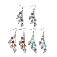 3 Pairs 3 Style Natural & Synthetic Mixed Gemstone Dangle Earrings, Alloy Leaf Cluster Earrings, 80.5x11.5mm, 1 Pair/style(EJEW-TA00378)
