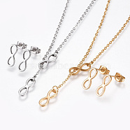 304 Stainless Steel Jewelry Sets, Lariat Necklaces and Stud Earrings, Infinity, Golden & Stainless Steel Color, 18.2 inch(46.3cm), 1mm, 13x5x2mm, Pin: 0.8mm(SJEW-F204-09)