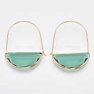 Brass Hoop Earrings, with Glass, Nickel Free, Real 18K Gold Plated, Faceted, Half Round, Light Sea Green, 44mm, Pin: 0.8mm(X-EJEW-T007-04G-01-NF)