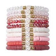 10Pcs Polymer Clay Disc & Glass & Brass Beaded Stretch Bracelets Set, Heart Stackable Bracelets, Indian Red, Inner Diameter: 2-1/8 inch(5.4cm)(BJEW-JB09676-02)