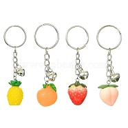 Fruit Resin Pendant Keychain Kit, with Iron Split Key Rings and Bell Charms, Orange/Pineapple/Peach/Strawberry, Mixed Color, 8~8.9cm, 4pcs/set(KEYC-JKC00643)