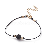 Natural Lava Rock Beaded Bracelets, with Waxed Cotton Cords, Brass Round Beads and Lobster Claw Clasps, Golden, 7-5/8~7-7/8 inch(19.5~20cm)(BJEW-JB05505-02)