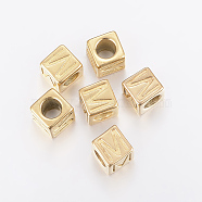 304 Stainless Steel Large Hole Letter European Beads, Horizontal Hole, Cube with Letter.M, Golden, 8x8x8mm, Hole: 5mm(X-STAS-H428-01G-M)