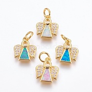 Brass Cubic Zirconia Pendants, with Synthetic Opal, Angel, Golden, Mixed Color, 14.5x12x2.5mm, Hole: 4mm(ZIRC-G144-03G)