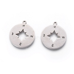 201 Stainless Steel Pendants, Manual Polishing, Compass, Stainless Steel Color, 18x16x1.5mm, Hole: 1.2mm(STAS-F231-047P)