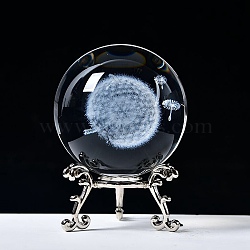 Carving Crystal Ball, Glass Sphere Decoration, with Platinum Tone Alloy Stand, Clear, Dandelion, 60mm(PW-WG57829-14)